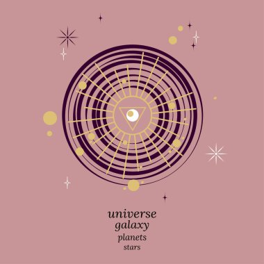 Evrene mistik bir bakış. Gezegenleri ve yıldızları olan uzay galaksileri ve onların kader üzerindeki etkileri. Tarot kartları, burçlar, yıldızlı gökyüzü kartları tasarımı için vektör illüstrasyonu.