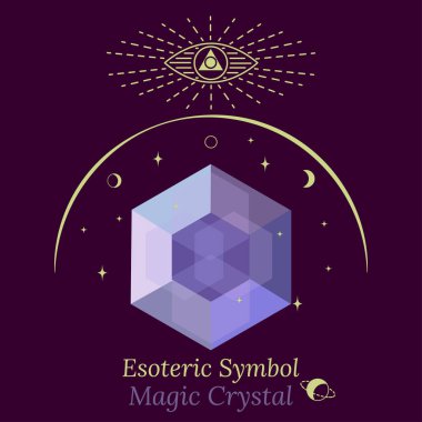 Template of magic crystal for spiritual session, fortune-telling. Faceted crystal glows with facets, third eye is reflected in sky. Vector drawing for design of social networks, groups, web pages. clipart