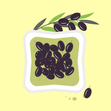 Mediterranean still life, dish with delicious Extra Virgin oil, olives and olive branch. Vector illustration in trendy green colors for design, farmers market decoration, food labels, banners, sticker