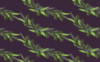 Yeşil zeytinli zeytin dalları. Tasarım için modaya uygun yeşil renklerde vektörsüz illüstrasyon, çiftçi pazarı dekorasyonu, gıda etiketleri, afişler, çıkartmalar.