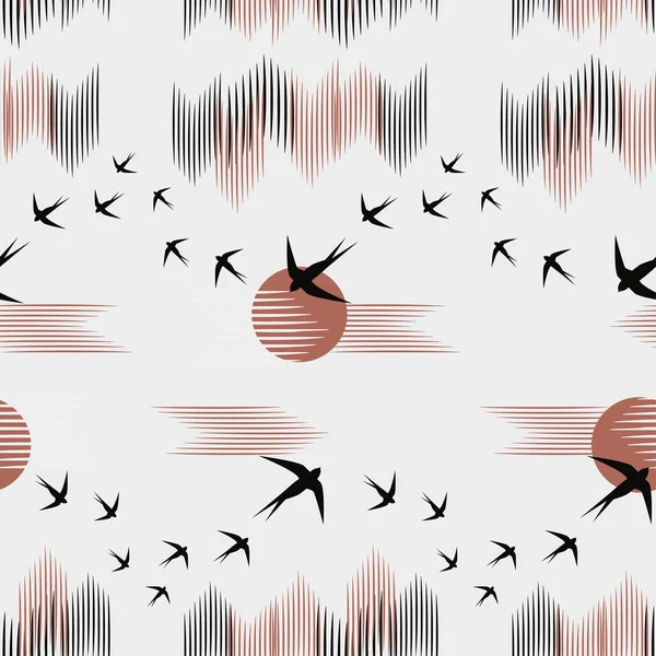 Minimalistiskt Mönster Japansk Stil Flock Svalor Flyger Till Ljus Sol — Stock vektor