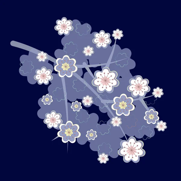 Sakura Alma Cseresznye Egyetlen Ága Sötétkék Háttérrel Vektoros Illusztráció Japán — Stock Vector