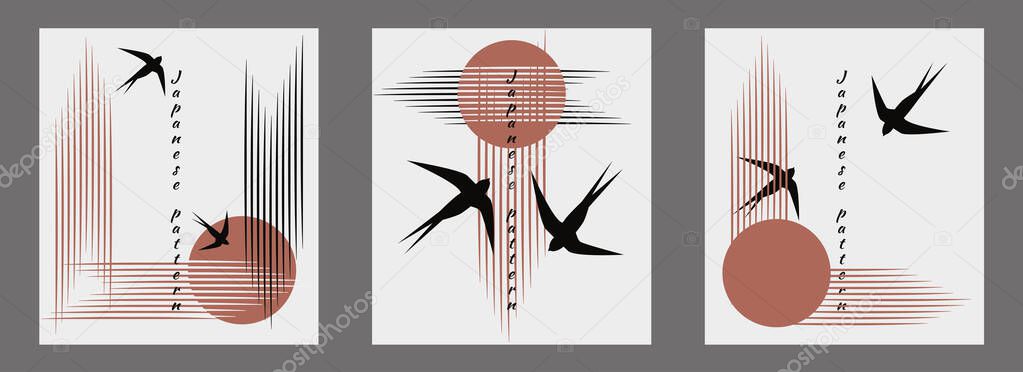 Trendy minimalist Japanese style illustration set. Two swallows fly into bright sun, unity of water, air, nature. Vector illustration, birds hieroglyphs