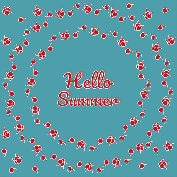 Круглая Рамка Венков Красных Ягод Синем Фоне Текстом Hello Summer — стоковый вектор