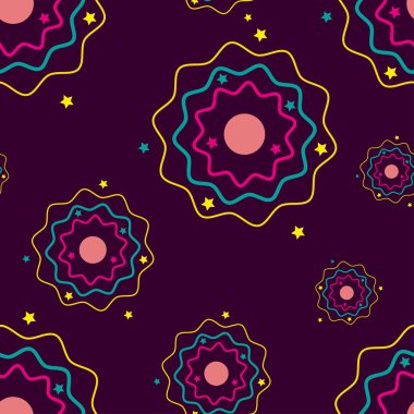 Göksel optik fenomenler, kuzey ışıkları, haleler, yıldızlar, uzayın karanlık arka planındaki gezegenler. Tasarım, afişler, kitaplar, kartlar için kusursuz vektör illüstrasyonu.