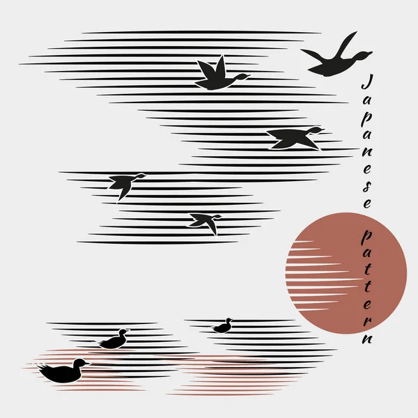鹅飞入灿烂的阳光 天空中的白云 背景是黑鸟 日本风格的简约模式 矢量图解 鸟类的象形文字形式 — 图库矢量图片