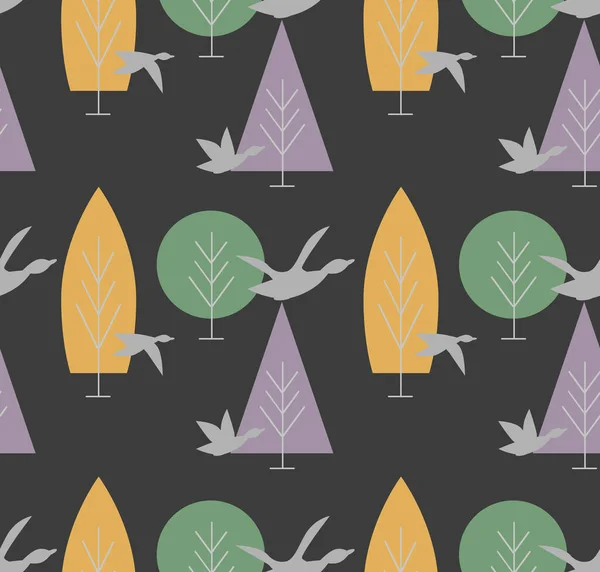 Lesní Hejno Ptáků Okolní Lesní Krajina Bezproblémový Vektorový Vzor Pastelových — Stockový vektor