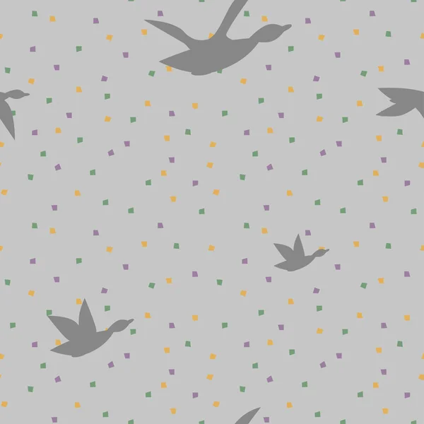 空の鳥の群れ 葉に囲まれ ポルカドット グレーの背景にパステルカラーのシームレスベクトルパターン ロイヤリティフリーストックベクター