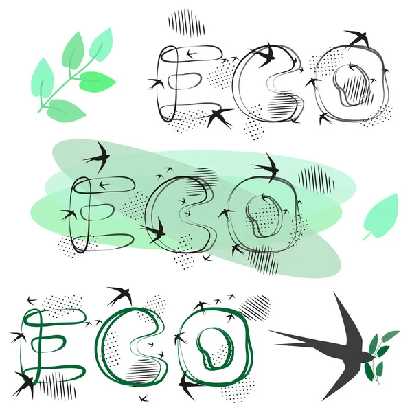 Hand Lettering Eco Decorative Green Leaves Drawn Letters Spots Dotted — Stockový vektor