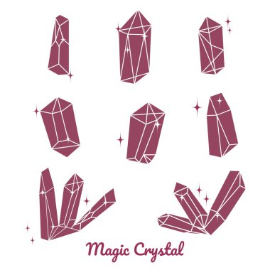 Falcılık için sihirli doğal kristaller seti, kehanet oturumu, ezoterizmin sembolü. İzler, tekstil, kitaplar, kartpostallar için vektör illüstrasyonu.