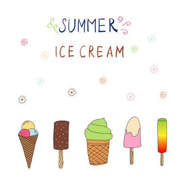 El yapımı dondurma yiyecekler beyaz arka planda izole edilmiş. Dondurma vektör illüstrasyonunu karalama tarzında yaptı. Serbest çizim