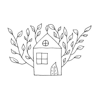 Dalları ve yaprakları olan karalama evi. Beyaz bir arka planda dalları ve yaprakları olan bir ev çizilmiş. Vektör illüstrasyon etiketi, simge, tasarım ögesi