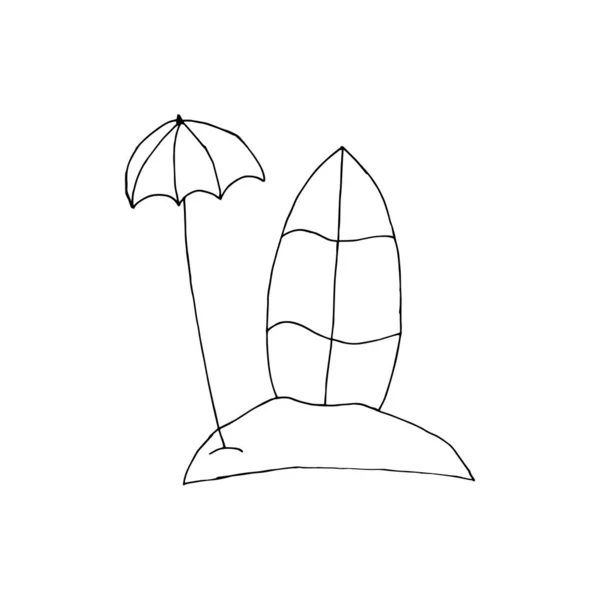 涂鸦海滩伞和冲浪板 手绘的海滩伞和冲浪板 与白色背景隔离 矢量图解贴纸 设计元素 — 图库矢量图片