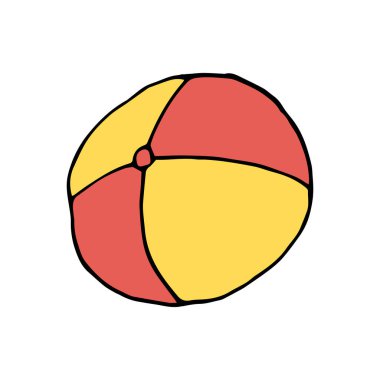Doodle plaj topu. Beyaz arka planda izole edilmiş bir plaj topunun el çizimi. Vektör illüstrasyon etiketi, simge, tasarım ögesi