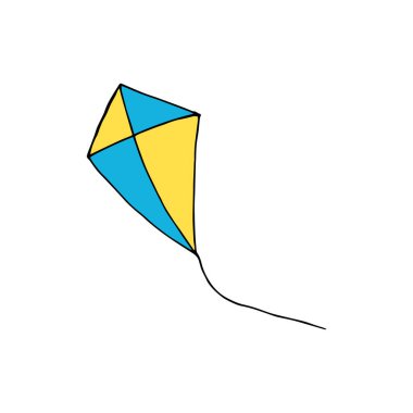 Doodle uçurtması. Beyaz arka planda izole edilmiş bir uçurtmanın el resmi. Vektör illüstrasyon etiketi, simge, tasarım ögesi