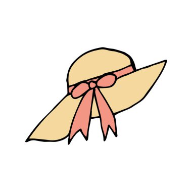 Doodle Summer şapkası. Beyaz arka planda izole edilmiş bir yaz şapkası çizilmiş. Vektör illüstrasyon etiketi, simge, tasarım ögesi