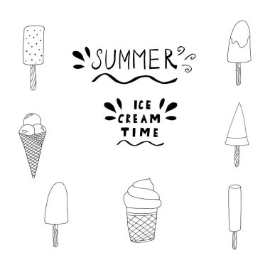 El yapımı dondurma yiyecekler beyaz arka planda izole edilmiş. Dondurma vektör illüstrasyonunu karalama tarzında yaptı. Serbest çizim