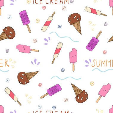 Elle çizilmiş dondurma yiyecekler pürüzsüz. Karalama stilinde dondurma vektörü çizimi