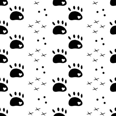 Beyaz arka planda elle çizilmiş kedi patileri kusursuz desen. Vektör hayvanlar silueti. Poster, afiş, baskı, dekorasyon için vektör illüstrasyonu.
