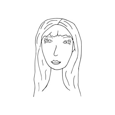 Doodle kadın suratı. Uluslararası Kadınlar Günü. Beyaz arka planda izole edilmiş bir kadının el çizimi. Vektör illüstrasyon etiketi, simge, tasarım ögesi