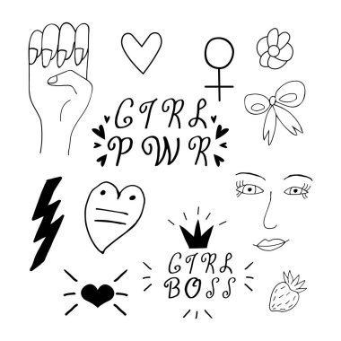 Feminizm öğelerini karala. Beyaz arkaplana bir dizi feminizm simgesi çizildi. Kadın güç çizimi. Feminist hareket, protesto. Kız gücü konsepti. Rastgele elementlerle vektör illüstrasyonu
