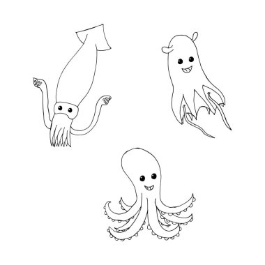 Ahtapot, vampir, mürekkep balığı seti. Beyaz arka planda izole edilmiş bir uçurtmanın el resmi. Vektör illüstrasyonu