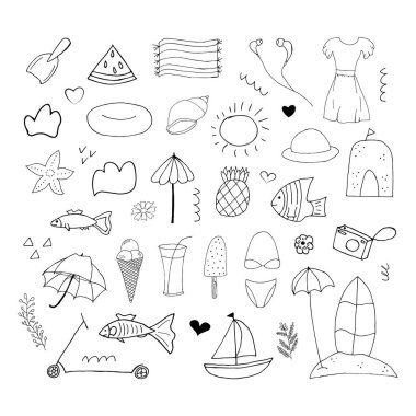 Yaz seti. Doodle Sahili elementleri. Beyaz arkaplana bir dizi el çizimi simgesi. Rastgele elementlerle vektör illüstrasyonu. Parmak izi ve kartlar için tasarım.