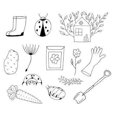 Doodle Garden elementleri. Beyaz arkaplana çizilmiş bir çift bahçe el resmi. Rastgele elementlerle vektör illüstrasyonu