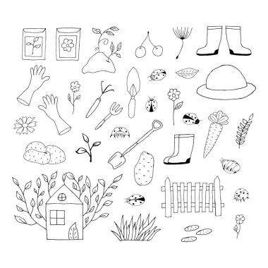Doodle Garden elementleri. Beyaz arkaplana çizilmiş bir çift bahçe el resmi. Rastgele elementlerle vektör illüstrasyonu
