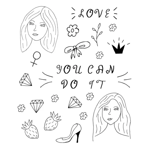 Doodle Φεμινιστικά Στοιχεία Σύνολο Του Φεμινισμού Χέρι Ζωγραφισμένα Εικονίδια Λευκό — Διανυσματικό Αρχείο