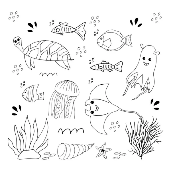 海の要素をかわす 白い背景に海の手描きのアイコンのセット ランダムな要素を持つベクトルイラスト 版画やカードのデザイン — ストックベクタ
