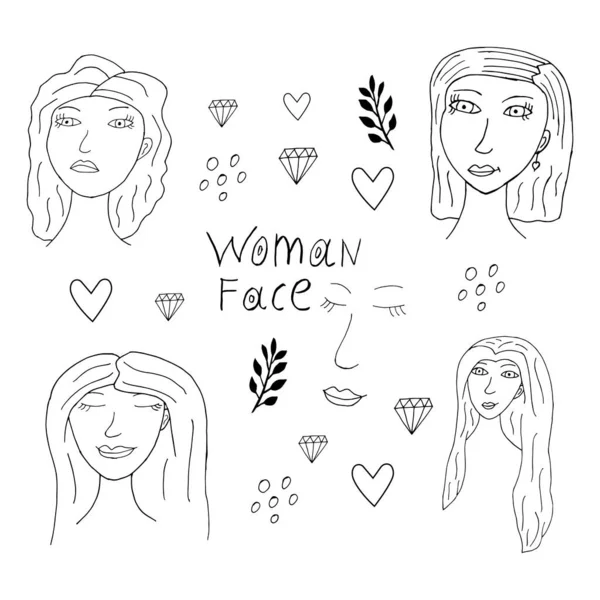 Doodle Elementos Faciales Femeninos Conjunto Iconos Dibujados Mano Cara Femenina — Vector de stock