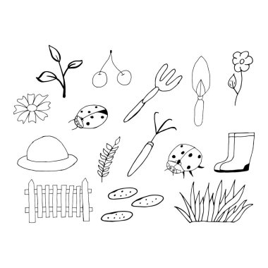 Doodle Garden elementleri. Beyaz arkaplana çizilmiş bir çift bahçe el resmi. Rastgele elementlerle vektör illüstrasyonu
