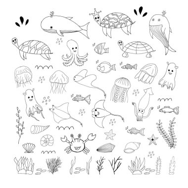 Donanma unsurları. Beyaz arka planda deniz piyadesi el çizimi simgeleri. Rastgele elementlerle vektör illüstrasyonu. Parmak izi ve kartlar için tasarım.