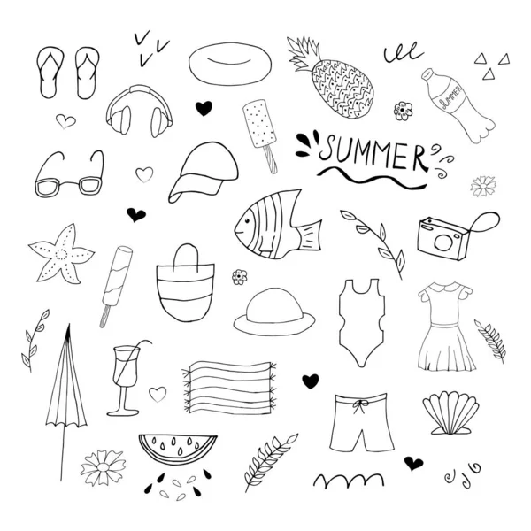 Set Été Éléments Plage Doodle Ensemble Icônes Dessinées Main Été — Image vectorielle