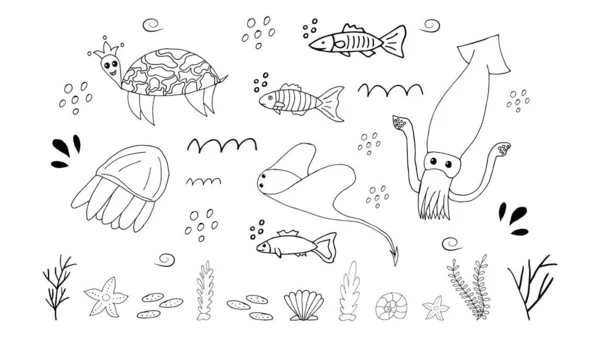 海の要素をかわす 白い背景に海の手描きのアイコンのセット ランダムな要素を持つベクトルイラスト 版画やカードのデザイン — ストックベクタ