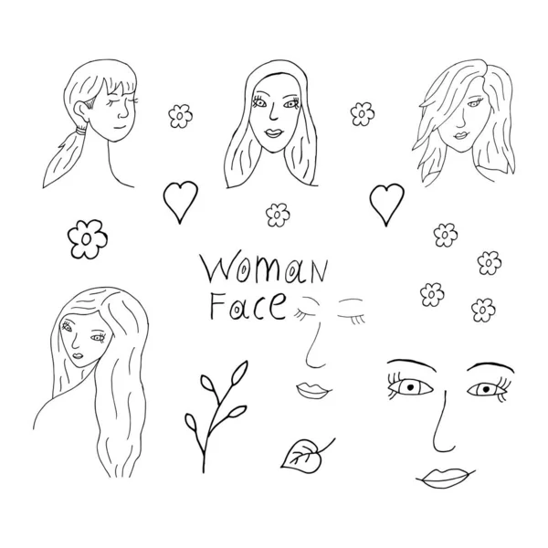 Doodle Elementi Faccia Femminile Set Icone Disegnate Mano Viso Femminile — Vettoriale Stock