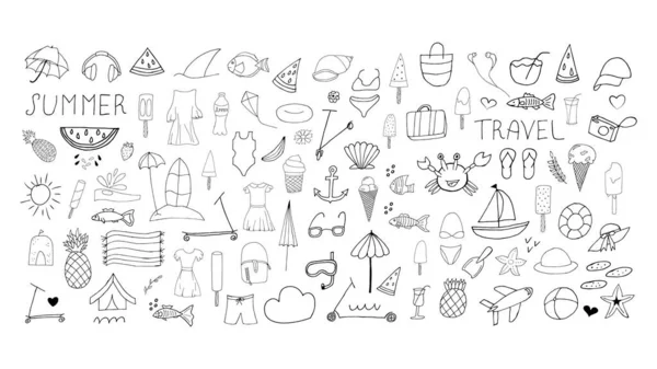 Set Estivo Elementi Spiaggia Doodle Set Icone Disegnate Mano Estate Vettoriali Stock Royalty Free