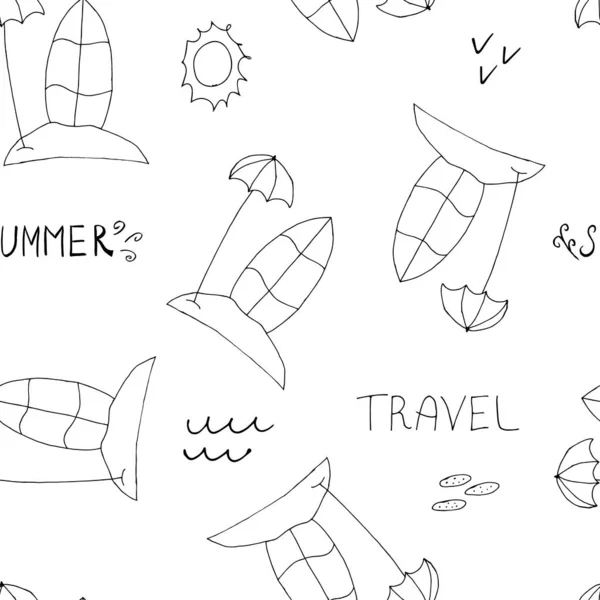 Doodle Beach Зонтик Доска Серфинга Бесшовный Узор Рисунок Руки Пляжного — стоковый вектор