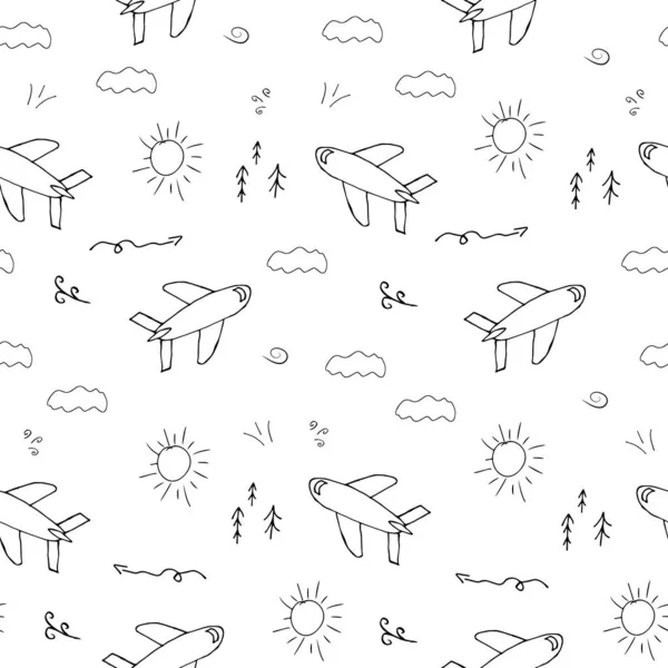 Doodle Aircraft Modèle Sans Couture Fond Dessiné Main Illustration Vectorielle — Image vectorielle