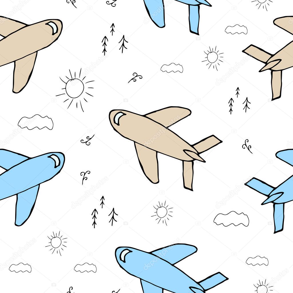 Doodle Aircraft seamless pattern. hand drawn background. Vector illustration