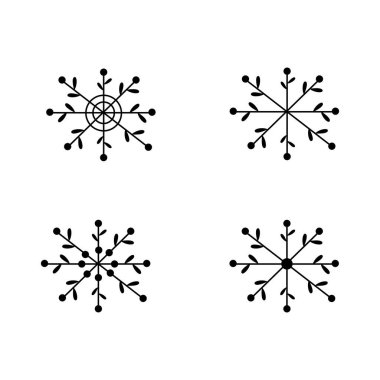 Kar taneleri kışın siyah seti, beyaz arka planda izole edilmiş. Beyaz arkaplanda dört siluet simgesi