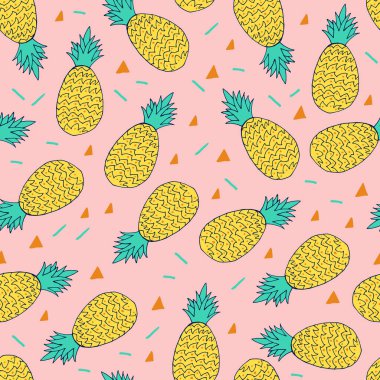 Doodle Ananas pürüzsüz desen. Ananas arkaplanının el çizimi. Tropikal meyve vektörü illüstrasyonu