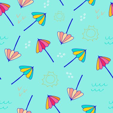 Doodle sahili şemsiyesi pürüzsüz desen. El çizimi arka plan. Vektör illüstrasyonu
