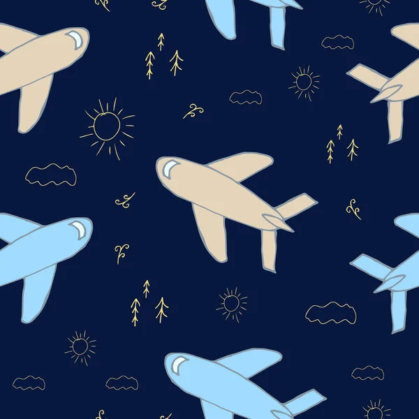 Doodle Aircraft Padrão Sem Costura Fundo Desenhado Mão Ilustração Vetorial —  Vetores de Stock