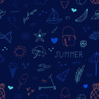 Yaz, kusursuz bir şablon oluşturdu. Rastgele elementlerle vektör illüstrasyonu. Parmak izi ve kartlar için tasarım.