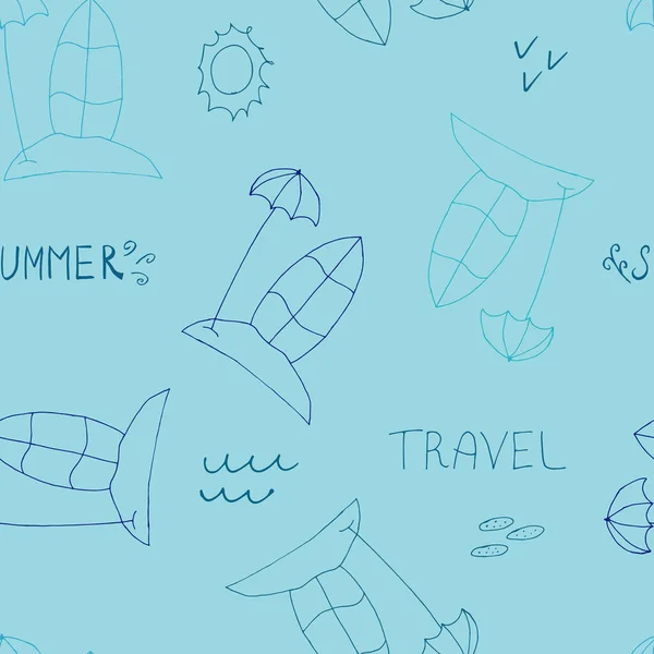 Doodle Beach Paraply Och Surfbräda Sömlöst Mönster Vektor Illustration Klistermärke — Stock vektor