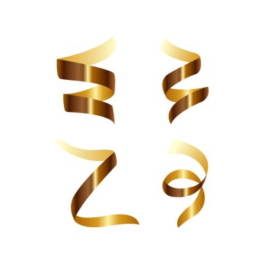 Yılan seti, altın rengi. Beyaz arka planda altın kıvrımlı şeritler ya da kurdeleler. Doğum günün için elementler, tatil tasarımı, parti tebrikleri, festival karnavalı. Vektör illüstrasyonu.