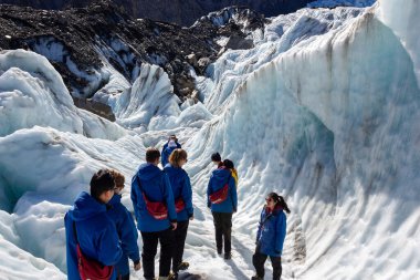 Franz Josef, Yeni Zelanda - 22 Şubat 2016: Franz Josef Buzulu üzerinde yürüyüş yapan bir grup turist