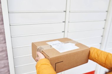 Kız postanenin yanında duruyor ve paketi paket dolabına gönderiyor. Paket alınıyor.